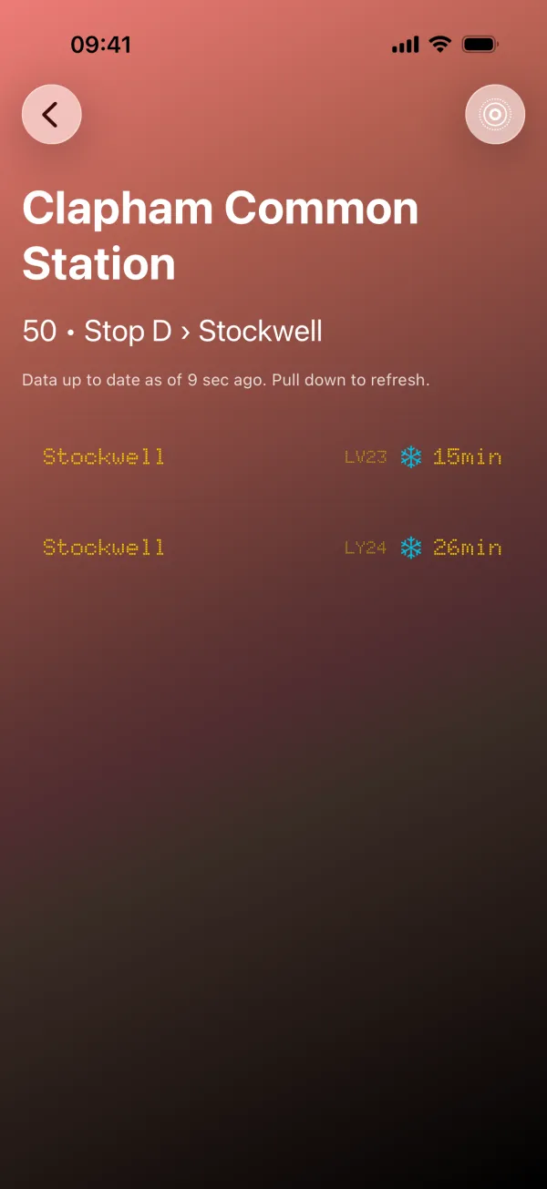 The 50 board at Clapham Common Station stop D: buses to Stockwell in 15 and 26 minutes, each with its registration and a snowflake