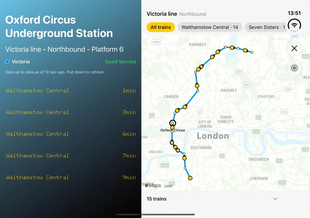 iPhone Duo open: on the left, the Victoria line board at Oxford Circus, northbound platform 6, with trains to Walthamstow Central in 1, 3, 6, 7 and 9 minutes; on the right, the live Victoria line map with every northbound train and the list of 15 trains below