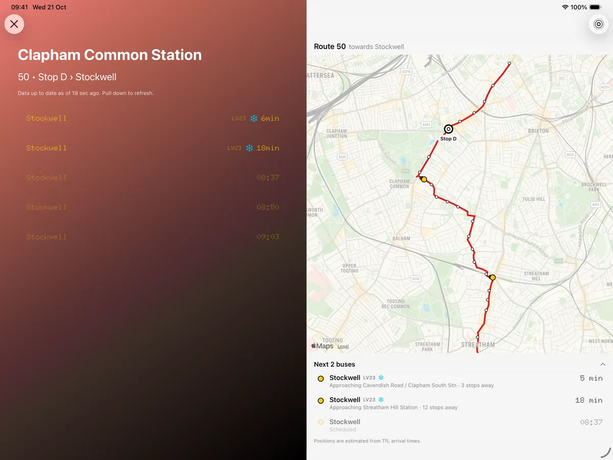 iPad: the 50 bus board at Clapham Common stop D on the left, with two buses to Stockwell marked with a snowflake and three timetabled buses; on the right, the live bus map of route 50 with the two buses on the road and the list of the next buses below