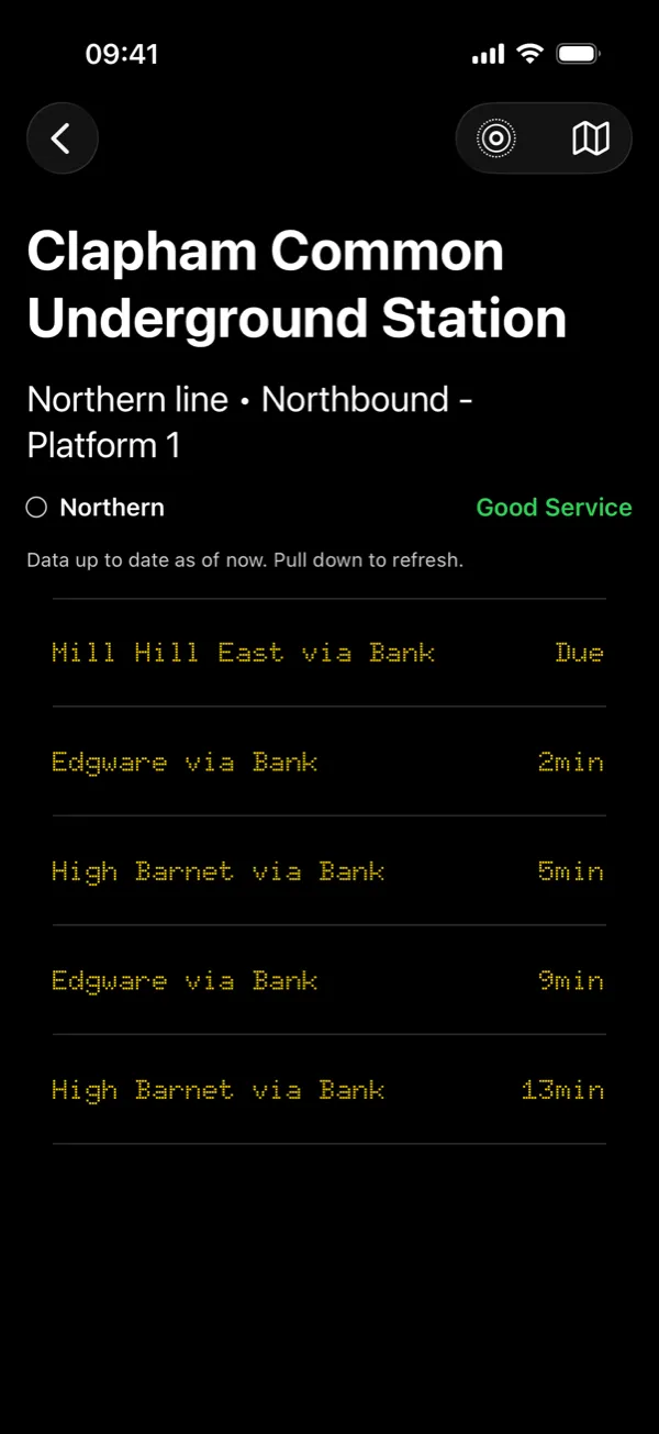 A platform's board in TfL Platforms: the line's status, then the next trains and their minutes to arrival in amber dot-matrix type