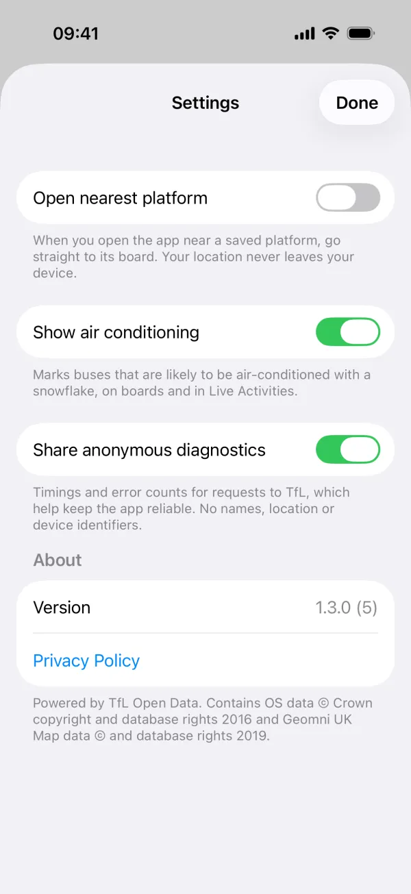 The settings sheet: Open nearest platform, Show air conditioning and Share anonymous diagnostics switches, the version and a privacy policy link
